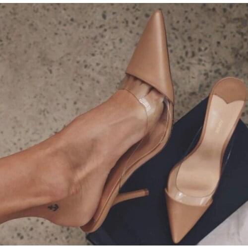 Moraima Snc Summer Slides Pointed Toe PVC Patchwork Thin Heels Women Pumps Sexy Summer High Heel Shoes Black Nude