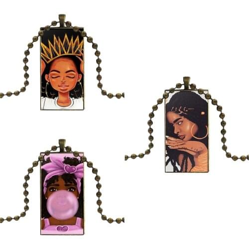For Women Fashion Glass Cabochon Pendant Necklace With Women Bronze Plated Statement Jewelry Melanin Poppin Aba Queen Black Girl