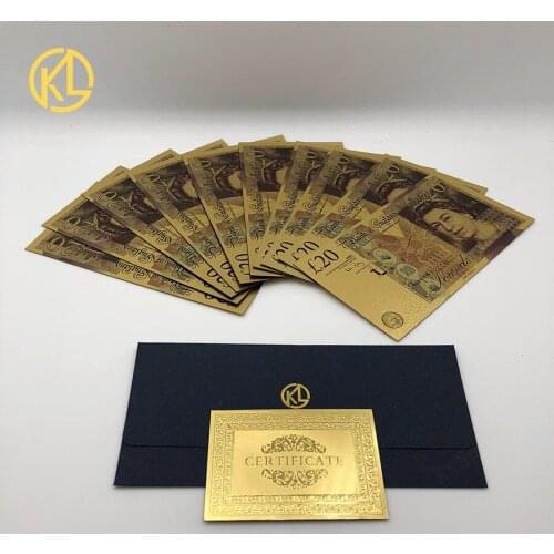 10pcs/lot Top Selling Colorful UK Pound 20 Banknote Gold Plated Currency Bill British craft Money With COA for free shipping