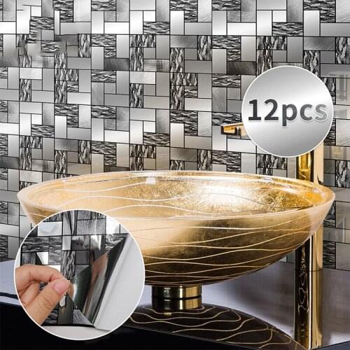 12Pcs European Metal Wind Flashing Tile Stickers Mosaic Kitchen Bathroom Waterproof Self-adhesive Wall Stickers Home Decoration