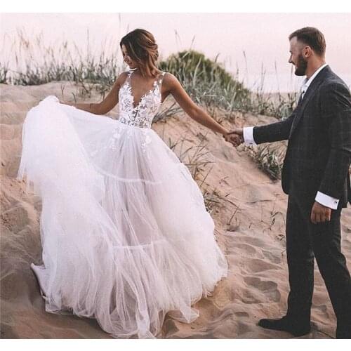 2021 Sexy Backless Long Beach Tulle Puffy A Line Boho Wedding Dresses Bridal Gowns Appliques Lace Country Bride Dress vestidos