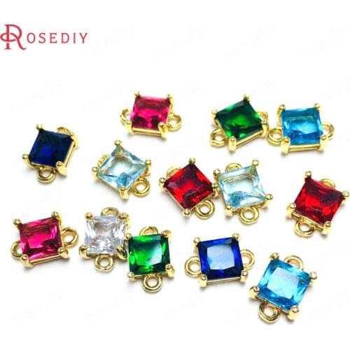 38354)10PCS 6MM 24K Champagne Gold Color Brass and Glass 2 Holes Square Connect Charms Pendants Jewelry Findings Accessories