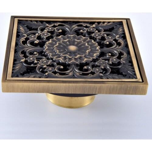 Antique Brass Vintage Carved Flower Pattern Bathroom Shower Drain 4" Square Floor Drain Waste Grates Bathroom Accessory mhr074