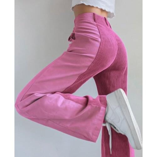 New Fall Winter Womens Straight Leg Pants Casual High Elastic Waist Color Block Loose Corduroy Pants 3 Colors 2021