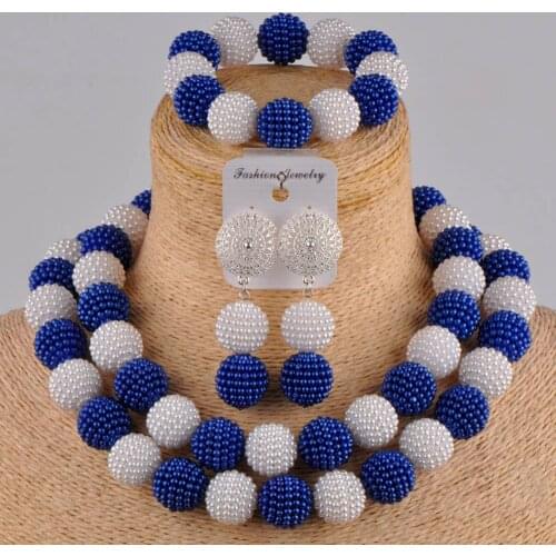 Graceful royal blue and white simulated pearl bead nigerian necklace african wedding set