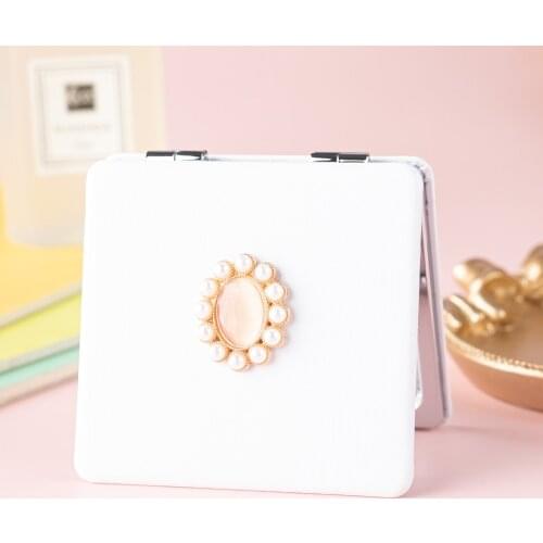 Mini Pocket Cosmetic Beauty Makeup Mirror Opal Pearl,2-face PU Leather Portable Magnify Folding Compact Mirror,Party Girl Gift