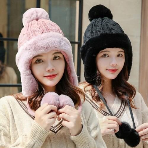 Set 2 Knit Hats Women Winter Hair Ball Beanies Lady Warm earmuffs Caps knitted Wool Hat Thick Ear Rabbit Fur hat With GlovesHat