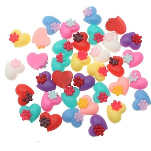 100Pcs Resin Heart With Flowers Decoration Crafts Flatback Cabochon Embellishments For Scrapbooking Kawaii Diy Accessories
