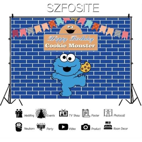 Cute Eat Biscuits Little Monster Dance Blue Backdrop Baby Birthday Party Table Decoration Photograph Photo Kid Custom Background