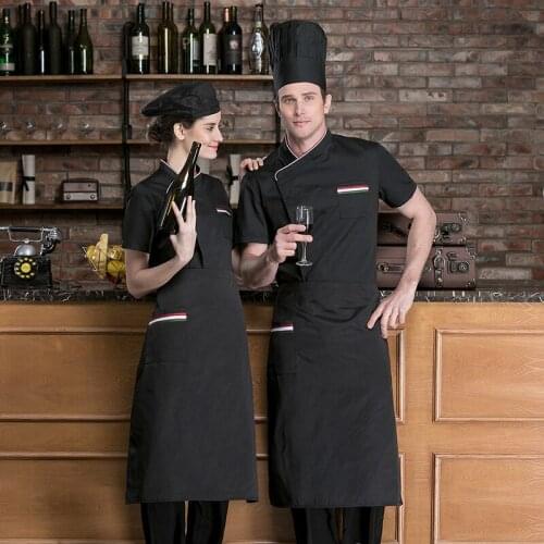 Men and Women Master Chef Uniform Short Sleeve Bakery Catering Restaurant Kitchen Jacket Canteen Cook Coat Workwear Apron&Hat