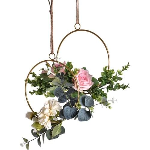 Nordic Style Artificial Flower Wreath with Iron Ring for Door Wall Window Decoration Hanging Ornament Garland AQ212