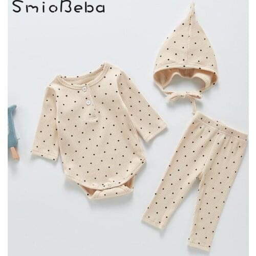 2021 New Spring And Autumn Baby Rompers Climbing Suit Dot Bottomed Jumpsuits + Legged Pants + Hat Three Piece Set Korean Clothes
