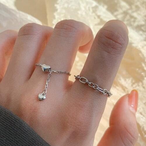 New Simple Heart Circle Rings For Women Silver Color Adjustable Chain Rings Punk Girls Jewlery Gift
