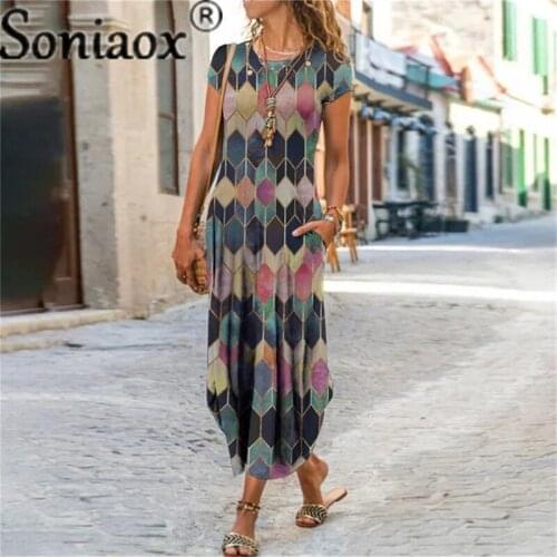 Plus Size Summer Women Maxi Dress Casual Boho Short Sleeve Printed Dress Ladies Dresses Casual Streetwear Women Clothing Vestido