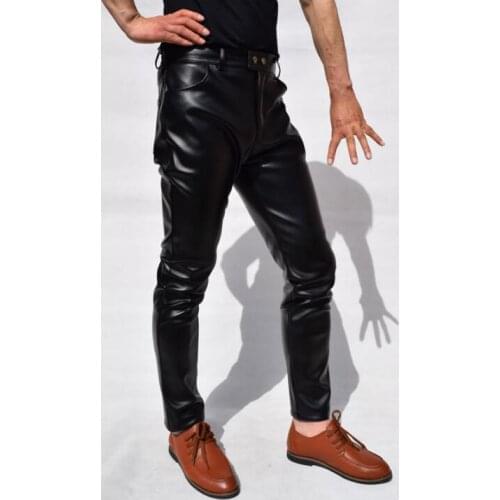 Straight high waist fashion motorcycle leather pants men faux leather trousers pantalones hombre high quality black spring