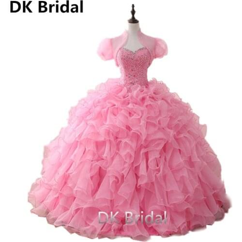 Pink Quinceanera Dresses 2019 Long Prom Dress Beaded Ruffles Organza Dance Ball Gown Vestidos De 15 Anos Sweet 16 Dresses