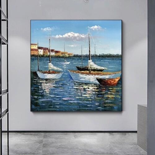Hand-Painted Oil Painting Nordic Landscape Hanging Painting Sailing Boat Oil Painting Living Room Porch Study Room Mural Office