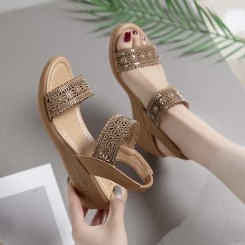 Fashion Slope with Summer Wedges Women Sandals National Wind Sandals Women Hollow Open Toe Leisure One-word Buckle Belt