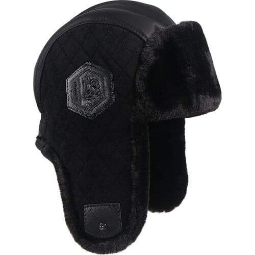 New 2020 Thermo Winter Bomber Hat Men Warm Russian Soviet Ushanka Hat Ear Flap Pu Leather Faux Fur Trapper Cap Earflap Black