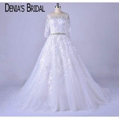 2018 A Line Wedding Dresses Crew Neck Beaded Belt Three Quarter Sleeves Applique Court Train Bridal Gowns