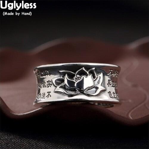 Uglyless Solid 999 Fine Silver Open Rings for Women Concave Convex Lotus Rings Buddhism Heart Sutra Religious Jewelry Chinese
