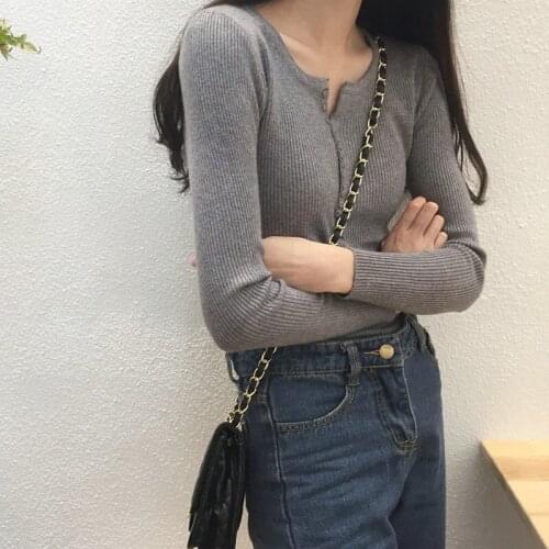 Spring Women Long Sleeve V-Neck Knitted Pullover Slim Sexy Button Basic Sweaters Lady Elastic Cotton Polyester Chic Coat Tops