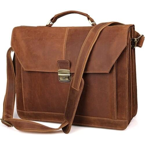 Vintage Mens Genuine Leather briefcase 16 inch Big Business Handbag Natural Cow Leather Laptop Handbag briefcase messenger bags