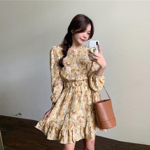 Yellow Print Dresses for Women Sweet Style Prairie Chic Early Autumn Korean Fashion Short Dress Elegant New Female Clothing