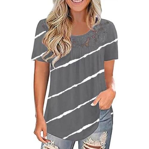 Lace Stitching Pleated Women T-shirt Plus Size Summer Stripe Casual Tops Female Pullover Tees Hollow Out Loose Ladies Streetwear