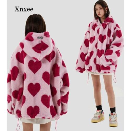 Love Heart Print Plush Jacket Harajuku Women Winter 2021 Korean Large Size Long Sleeve Hooded Cotton Coat Thick Warm Clothing