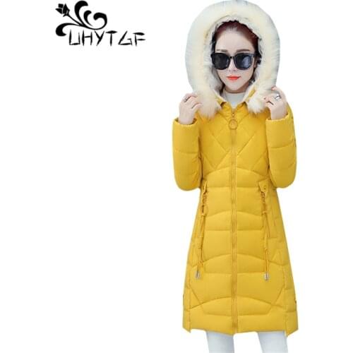 UHYTGF Winter jacket women Fur collar hooded parkas mujer zipper Slim Thicken down jacket Cold protection warm cotton coat 296