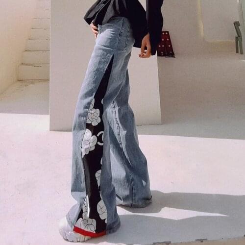 2021 New Patchwork Hit Color Wide Leg Soft Washed Jeans High Waist Loose Woman Pants Elegant Temperament Silm Denim Bottoms