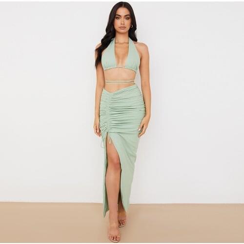 XLLAIS Two Piece Sets Women Skirt Crop Top And Lace Up Drawstring Dress Summer Sexy Outfits Clubwear