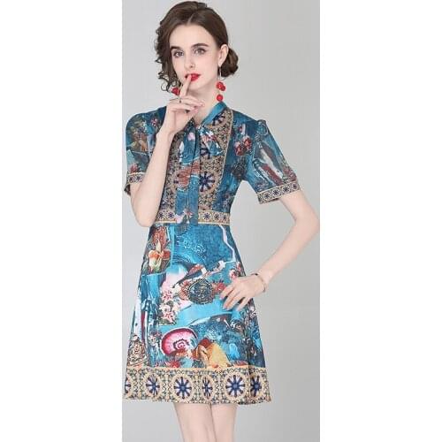 2021 Fashion Designer Summer Vintage Casual Dress Womens Bow Collar Short Sleeve Floral Print Elegant Party Midi Dress