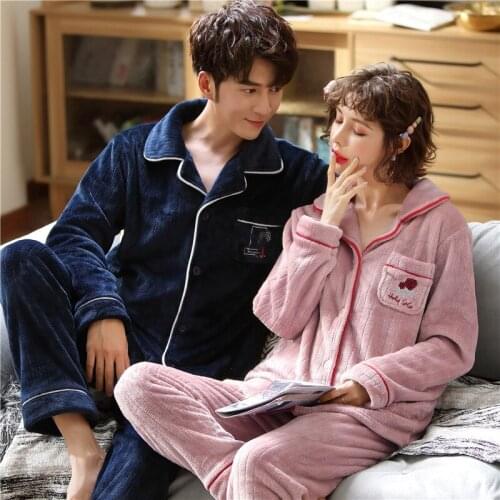 Winter Warm Soft Coral fleece Pajamas Men Women Long-sleeved Sleepwear Pijama Couple Homme Nightwear Cardigan Pyjamas MSJ02