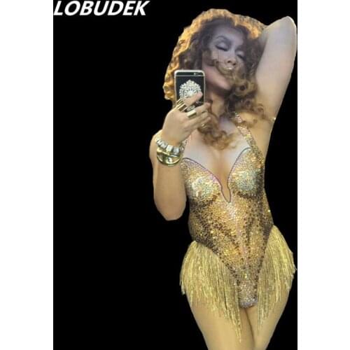 Gold Rhinestones Tassels Bodysuit Leading Dancer DJ DS Costume singer stage performance Catsuit European style models Stage wear