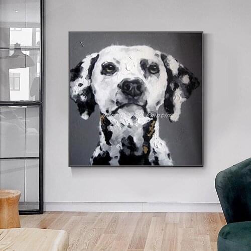 100% Hand Painted Modern Wall Art Pictures Living Room Home Decor Abstract Black White Dog Animal Oil Painting On Canvas