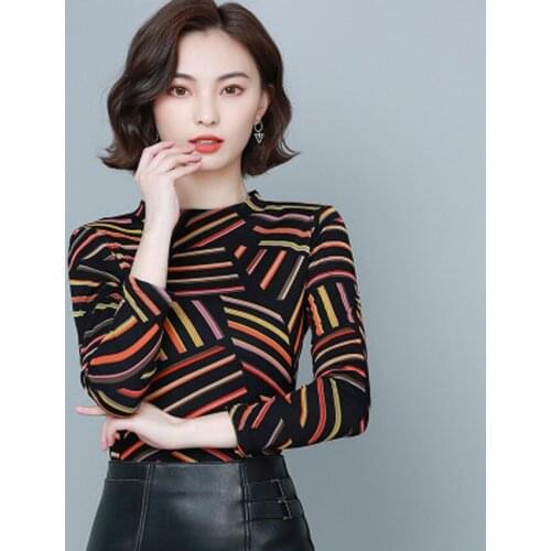 2020 autumn new long-sleeved slim net yarn printing bottoming shirt all-match large size T-shirt top women