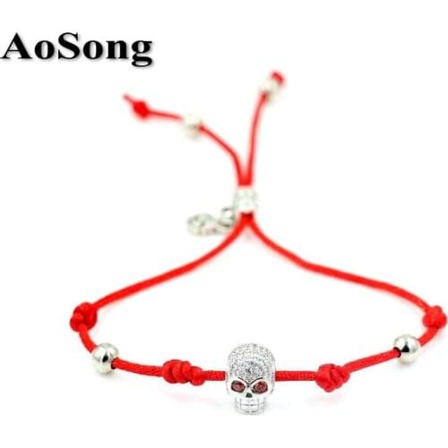 BPPCCR Red Rope String Macrame Reiki Chakra Bracelets Men Women Tiny Cube Micro Pave Shiny Zircon Skull head bracelets pulsera