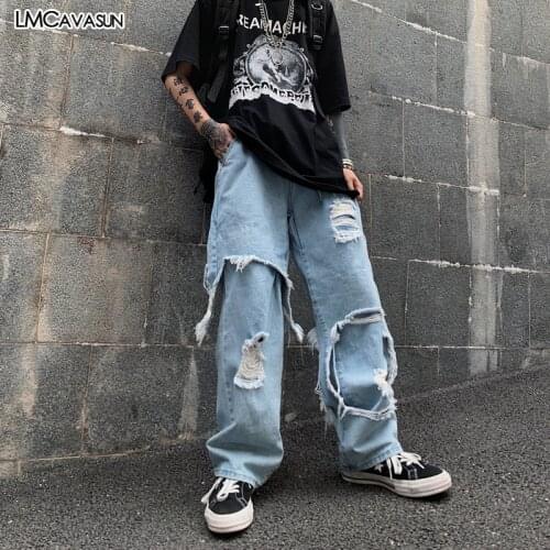 Hole Denim Pant Harajuku High Streetwear Hip Hop Woman Man Plus Baggy Loose Straight Solid Jeans Punk Clothing