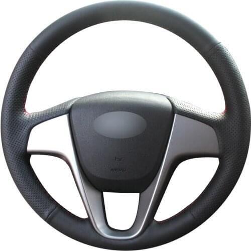 Black Natural Leather Car Steering Wheel Cover for Hyundai Solaris (RU) 2010-2016 Verna 2010-2016 i20 2009-2015 Accent