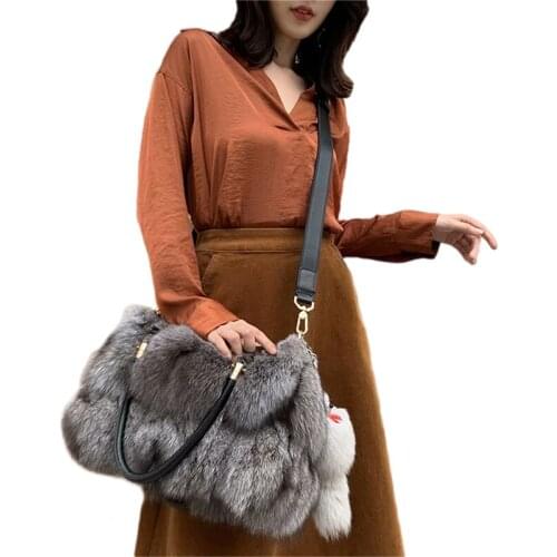 IANLAN Fashion Real Fox Fur Shoulder Bags for Women Genuine Cowhide Handle Big Handbags IL00546