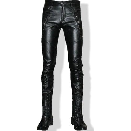 Mens Brand Fashion Decoration Pu Leather Pants Tide Locomotive Personality Korean Hair Stylist Tight Pants Trousers Costumes
