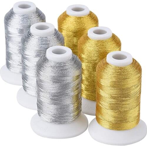 Simthread 6 Spools Metallic Embroidery Machine Thread (3 Gold+ 3 Silver Colors) 500M(550Y) for Embroidery Cross Stitch etc