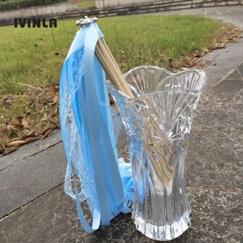 Newest 50pcs/lot sky blue Lace Wedding Ribbon Wands and big Bells for wedding decoration