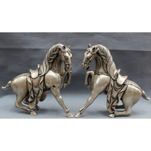 Wholesale factory 9" Chinese Silver Folk Wealth FengShui Tang Horse Gee Statue Brass Animals Pair