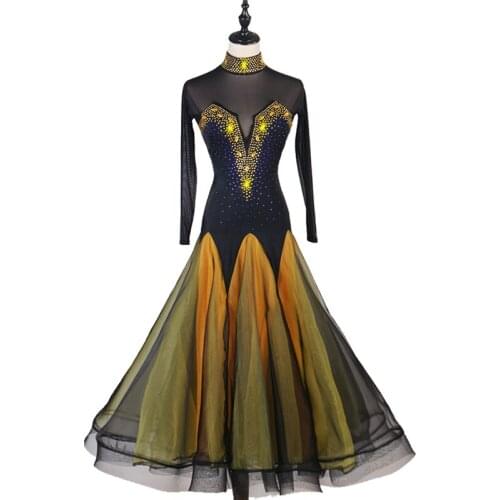 Yellow black ballroom dance competition dresses ballroom dance dress for lady waltz ballroom competition dance dress mq212