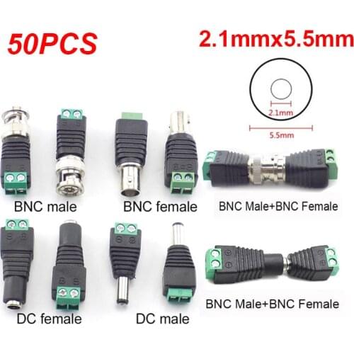 50pcs 12V BNC Connector 2.1mmx5.5mm DC Female Male Jack Plug Socket Power Supply Adapter for Led Strip Lights CCTV Camera