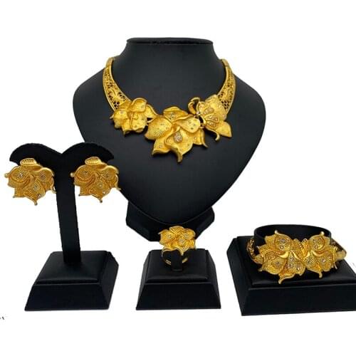 Big Flowers gold color Luxury Dubai Jewelry Sets of women African Habesha Necklace bangles Earrings Ring sets Wedding gifts