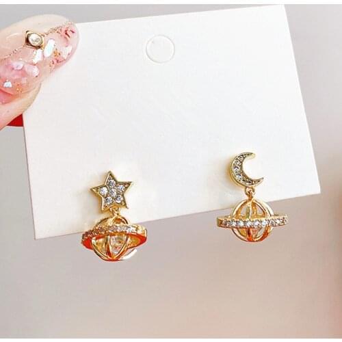 Moon Star Asymmetric Drop Earrings Women Dangle Gold Universe Planet Design Stud Earings Fashion Cute Ear Jewelry Accessories